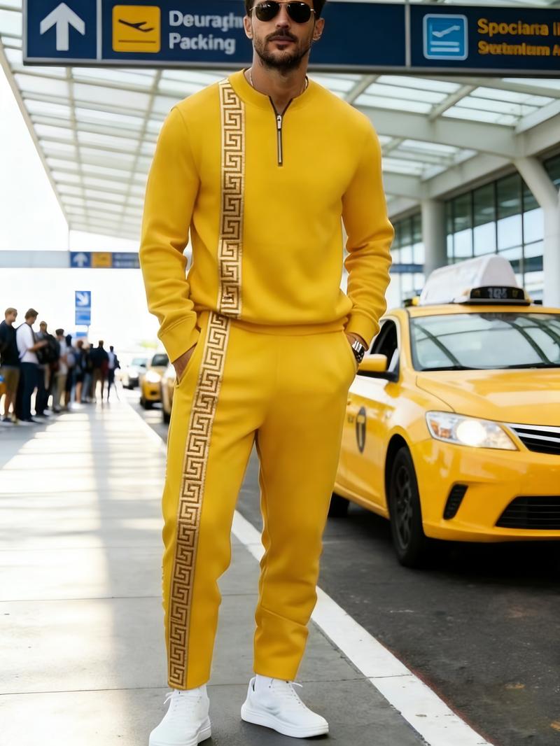 Casual Trendy Men's Half Zip Stand Collar Sweatshirt + Cuffed Joggers Sports Casual Two-Piece Set