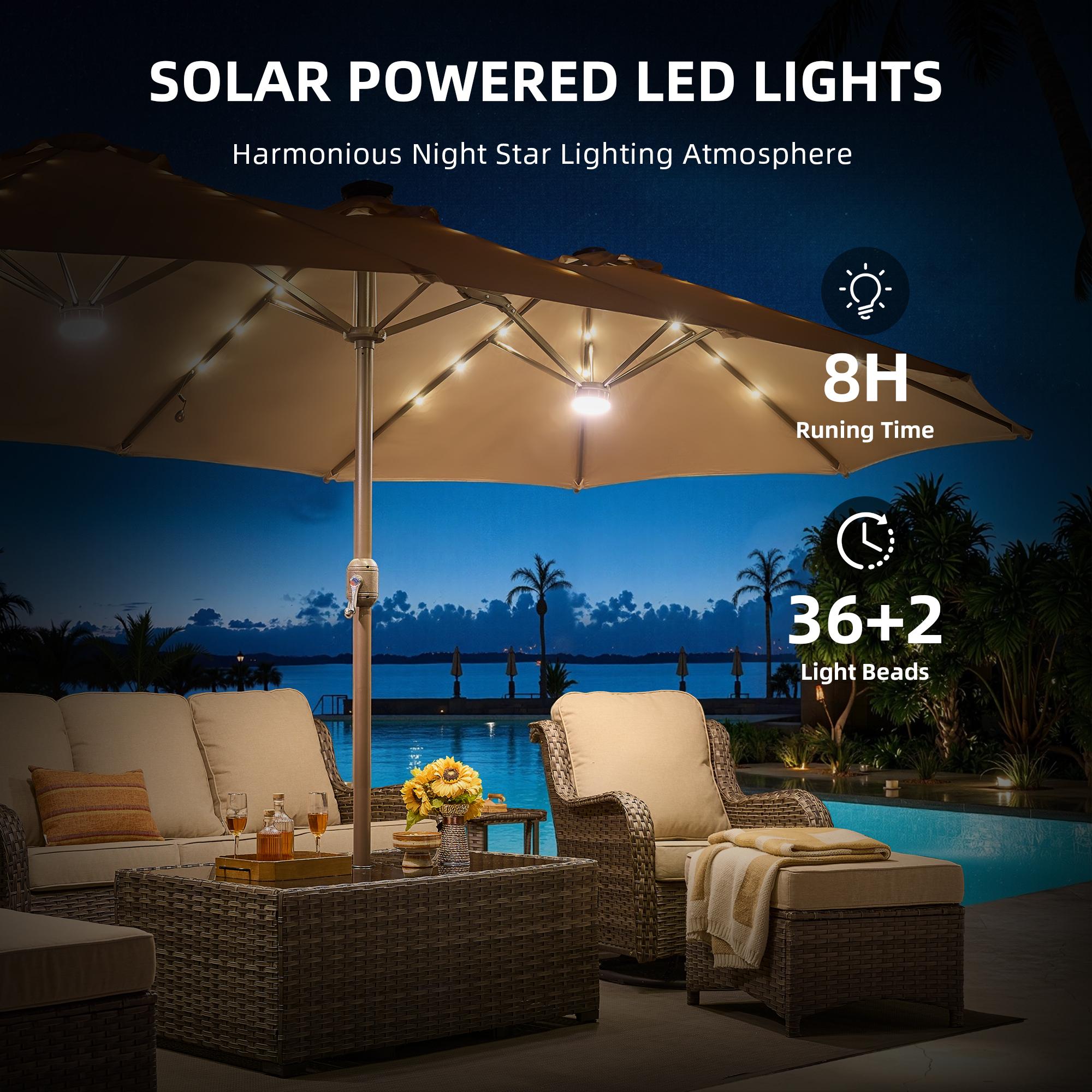 HOOOWOOO 15FT Large Double-Sided Patio Umbrella with Solar Led lights & Base Waterproof Durable Adjustable Lighted for Garden Deck Backyard Pool Beach Canopy Shade