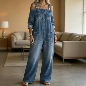 Womens Sexy Off The Shoulder Denim Jumpsuit Wide Leg Overalls with Pockets Y2K Streetwear Suspender Romper Baddie Fashion Baggy Jeans One Piece Casual Summer Festival Wear Effortless Chic 2026