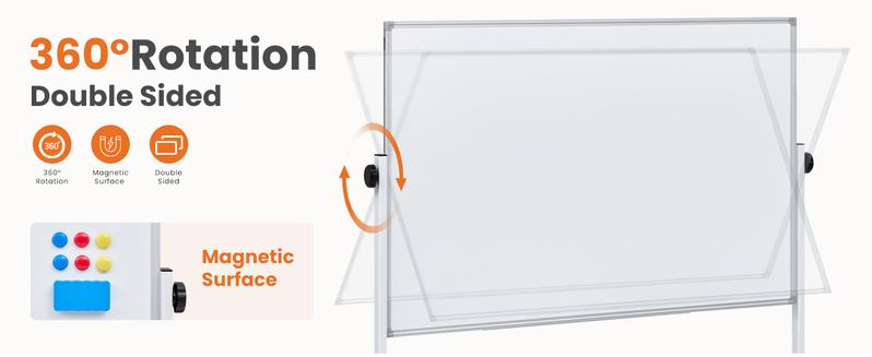 Sweetcrispy Rolling Whiteboard 46x32 Inches Double Sided Magnetic Dry Erase Board with Stand on Wheels for School Office Home Silver Aluminium Frame