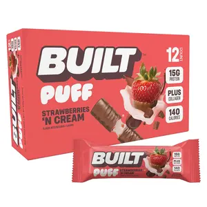 Built Bar, Puff Protein Bars, Strawberries 'N Cream Puff, 15g Protein Snacks, On-The-Go Bars, Only 140 Calories, 8g Sugar, Collagen, Gluten Free, 12 Count