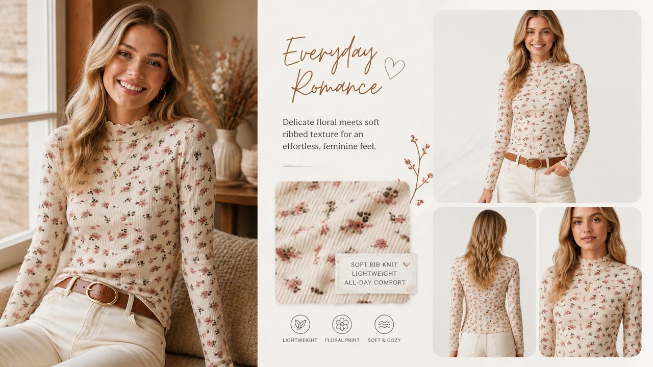 Fabric detail of Women's Floral Knit Long-Sleeve Shirt in 95% Polyester, 5% Spandex