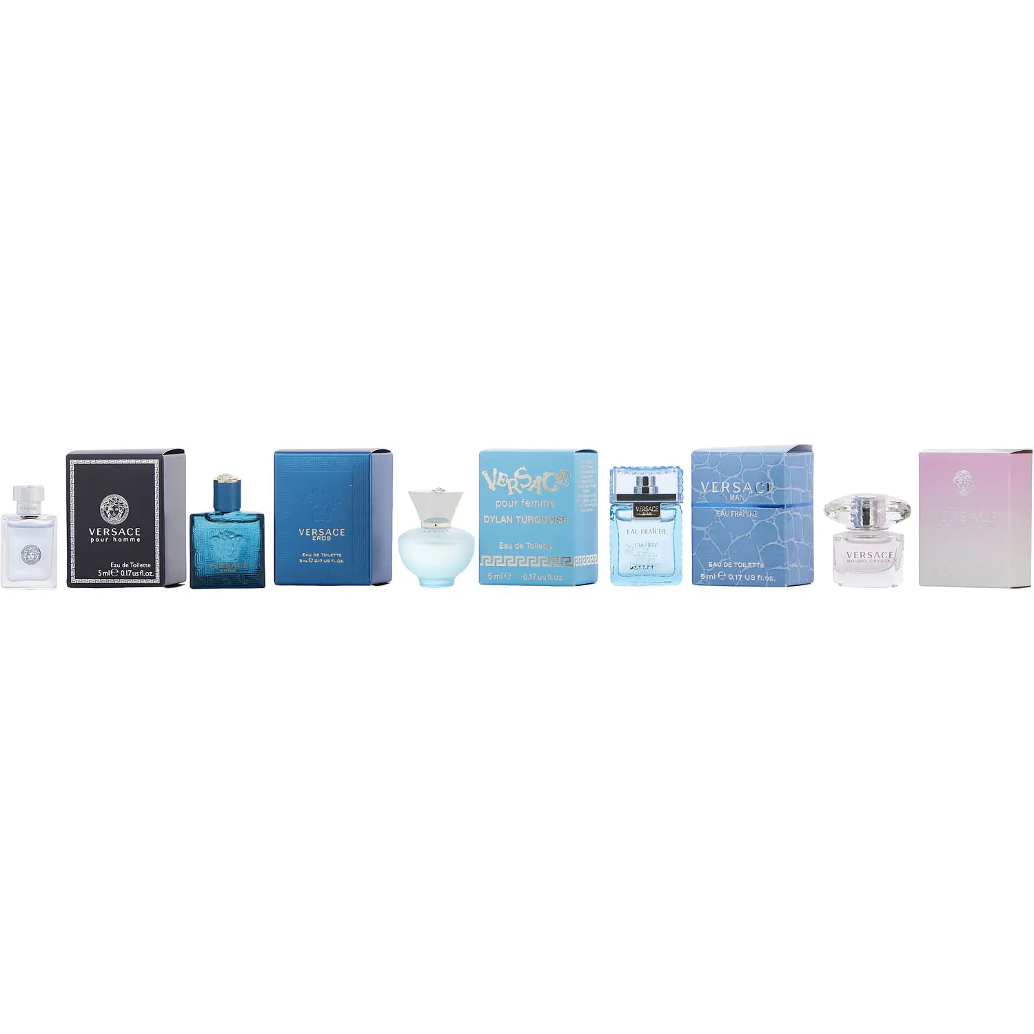Versace Variety Set-5 Piece Unisex Mini Variety With Dylan Turquoise & Bright Crystal For Woman & Man Eau Fraiche & Versace Pour Homme & Eros For Men And All Are Edt 0.17 Oz Minis For Unisex