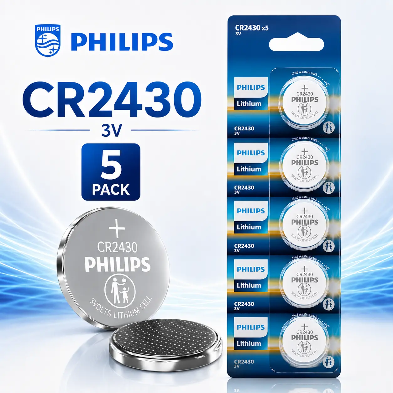 PHILIPS 5-Pack CR2430 3V Lithium Coin Batteries - High Capacity 280mAh, Leak-Proof, Child-Safe Packaging, 0% Mercury, Long-Lasting 10-Year Shelf Life for TPMS, Key Remote Control