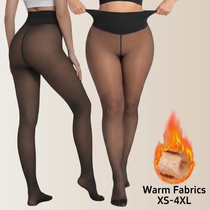 【Auction4】Women's Full-Length Fleece-Lined Essential Tights - Polyester Blend, Fake Translucent, Thermal, Ribbed, Elastic, Elegant, High-Waist, Tummy Control, Slim Shaping, V-Seam Lift, Warm Winter Pantyhose (XS-4XL Inclusive Sizes)