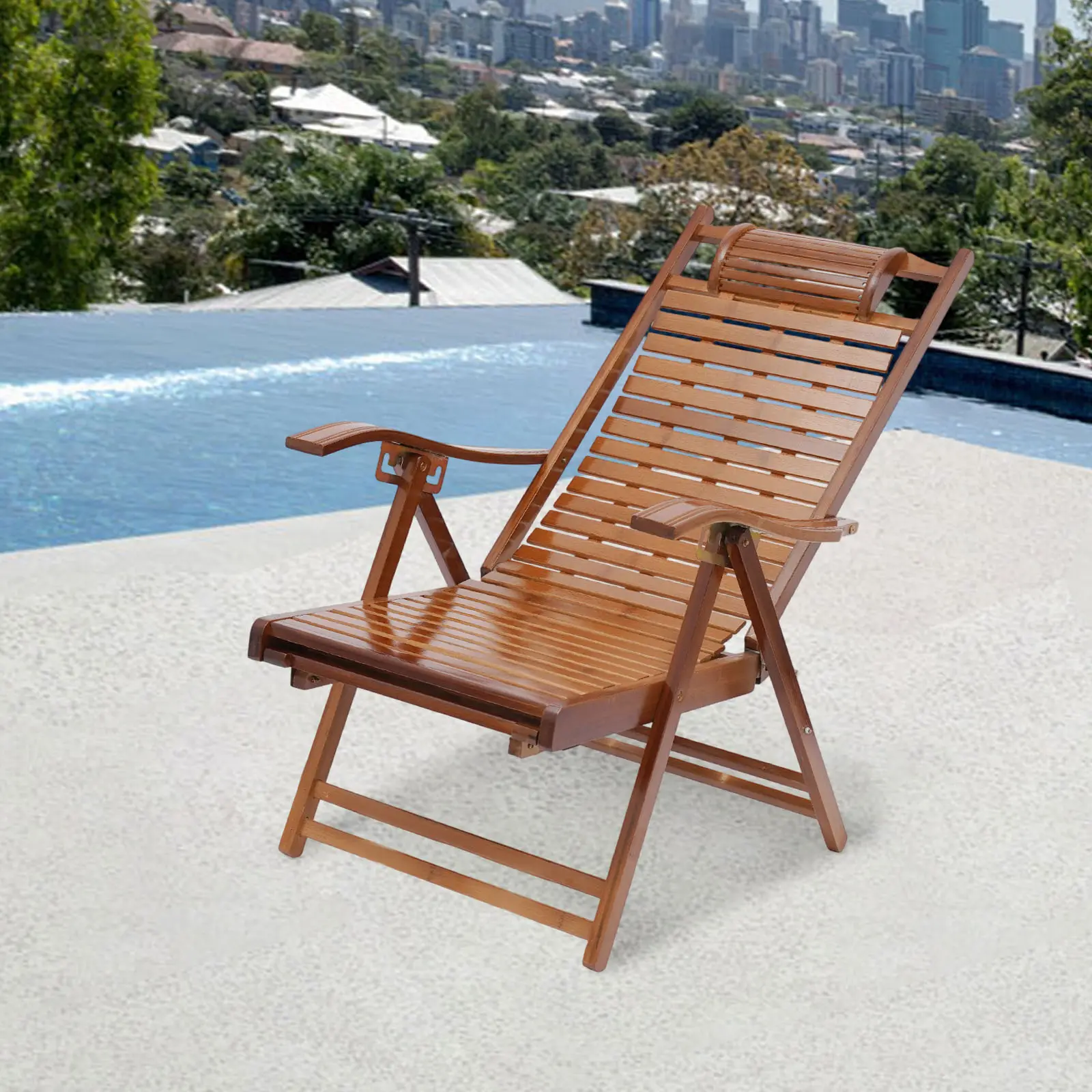 Bamboo Folding Reclined Outdoor Chaise Lounger - 5-Gear 160° Adjustable Back Floor Standing Patio Furniture, Retractable Footrest, for Terraces, Balconies Home Supplies