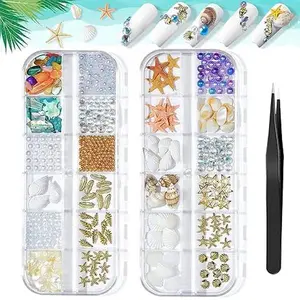 2 box Ocean Theme DIY Manicure Decoration, with 1 tweezers, Summer Beach Nail Rhinestones Shell pearl Starfish Conch Studs & Rivets