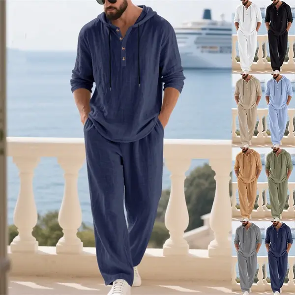Men's 2-Piece Linen Clothes Set - Spring Autumn Natural Fabric, Loose Hooded Henley Long-Sleeve Top, Minimalist Casual Menswear Pants, Daily Outfit, Trouser