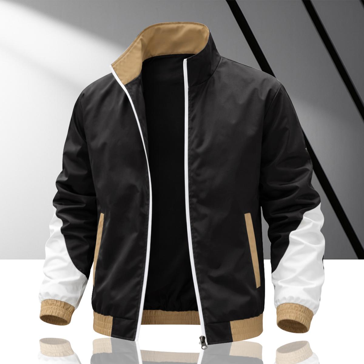 Men's colorblock patchwork jacket, windproof stand collar jacket design, durable fabric, suitable for sports and casual wear, skateboarding, street style, daily outings, campus life, commuter fit