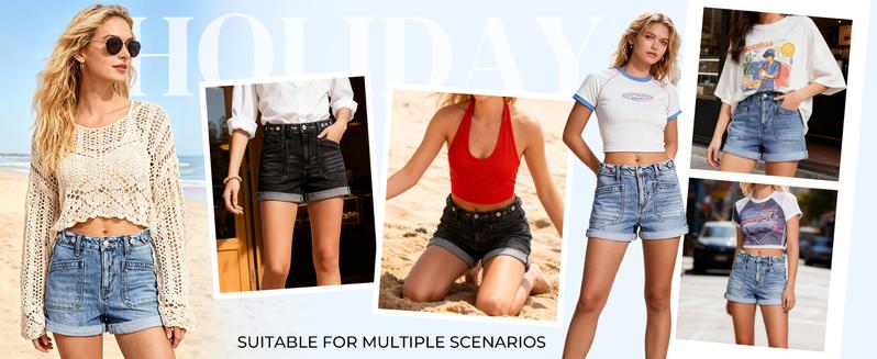 EMMIOL Women Jeans Shorts Summer Mid Rise Sexy Stretchy Denim Hot Pants with Adjustable Waist Trendy