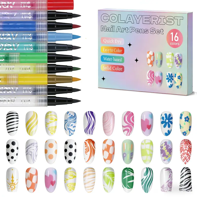 Nail art markers available in multiple colors, quick-drying, easy to use, and easy to clean. Perfect DIY manicure product for at-home use. A perfect Valentine's Day gift.