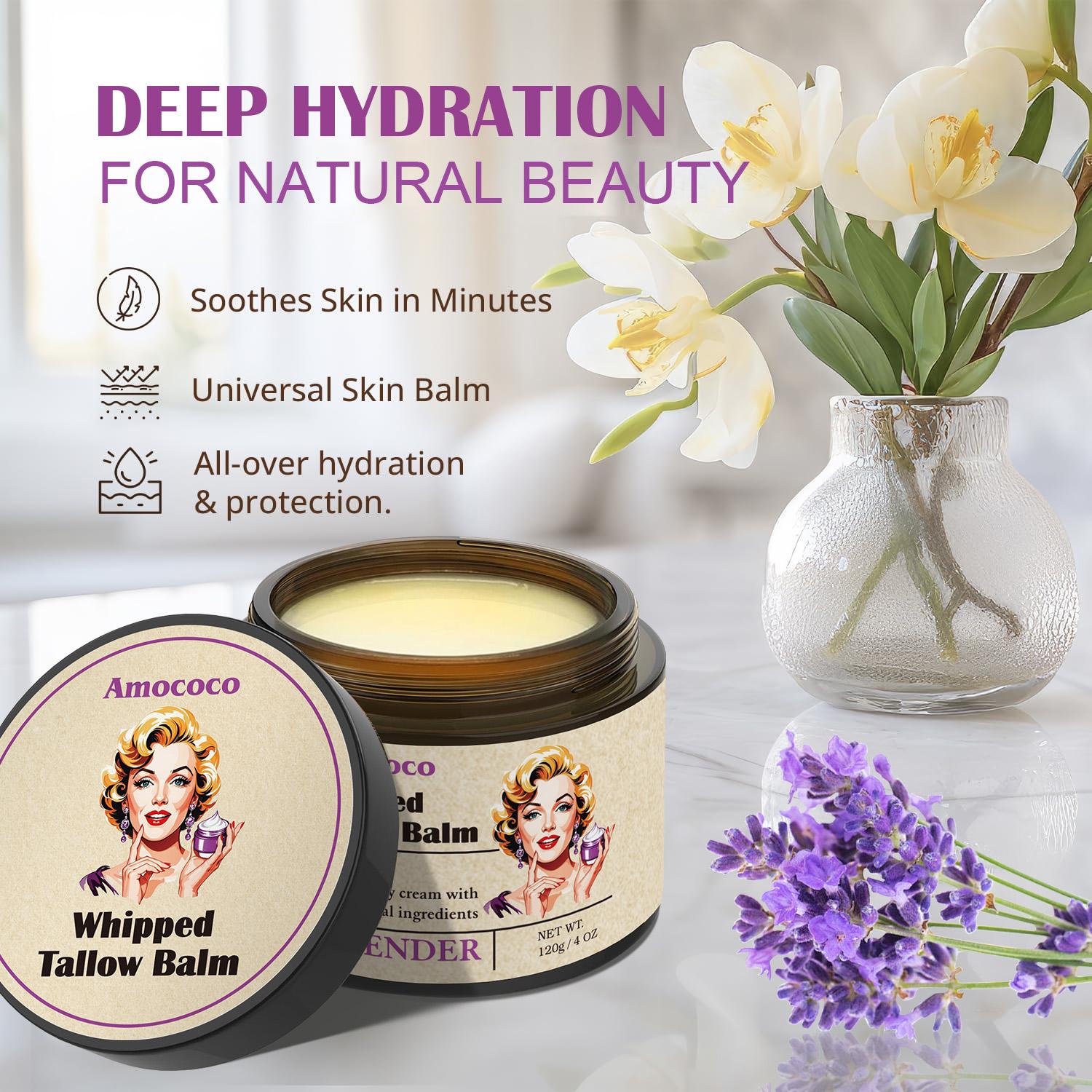 Tallow Cream 100% Natural Moisturizing Face and Body Cream That Soothes, Nourishes, Firms and Hydrates The Skin With Lavender and Vanilla Scents in Vintage Packaging.