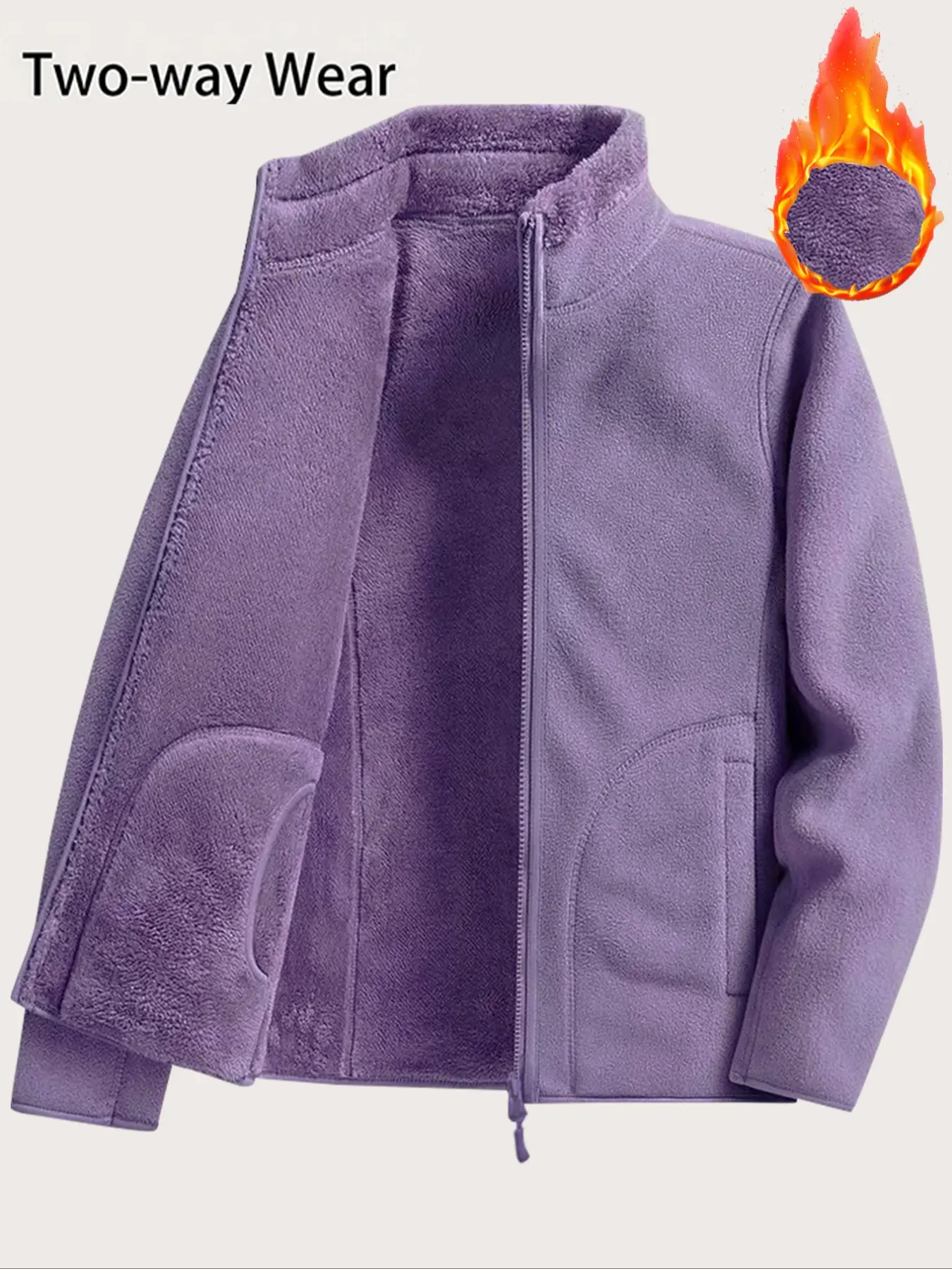 Women's Winter Reversible Fleece Fitted Jacket, Zipper Pockets, Fashionable Soft Comfortable Polar Fleece Coat, Casual Outerwear for Cold Weather