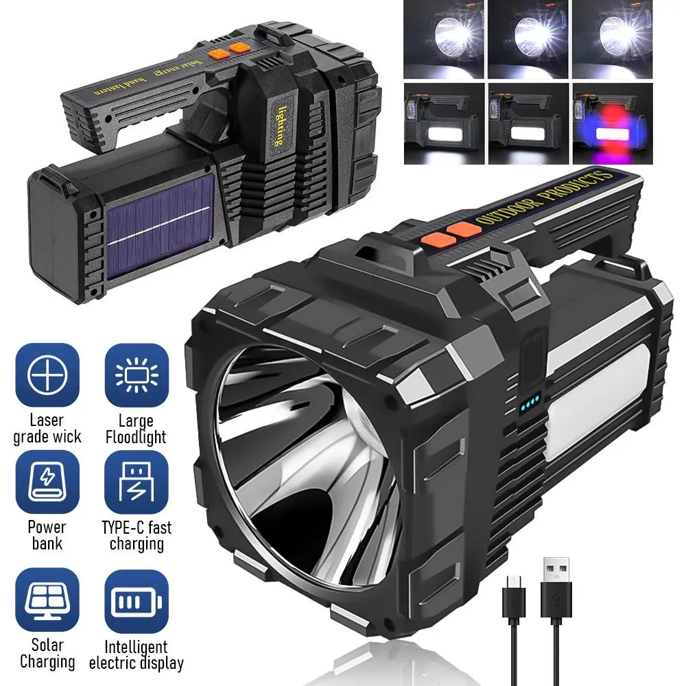 Super Bright LED Spotlight Rechargeable Flashlight Rechargeable, Super Bright Outdoor Handheld, Waterproof Solar/USB Emergency Flashlight, Flood Fishing Hiking Camping Flashlight High Power Flashlight Adjustable Tactical Flashlight