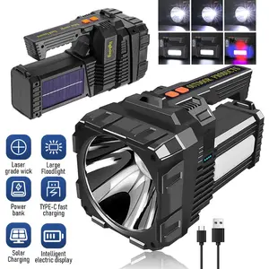 Super Bright LED Spotlight Rechargeable Flashlight Rechargeable, Super Bright Outdoor Handheld, Waterproof Solar/USB Emergency Flashlight, Flood Fishing Hiking Camping Flashlight