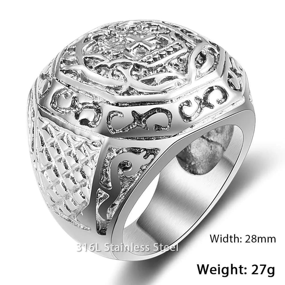 316L Stainless Steel Men's Rock N Roll Ring with Carved Cross Crown Fashion Jewelry Gift