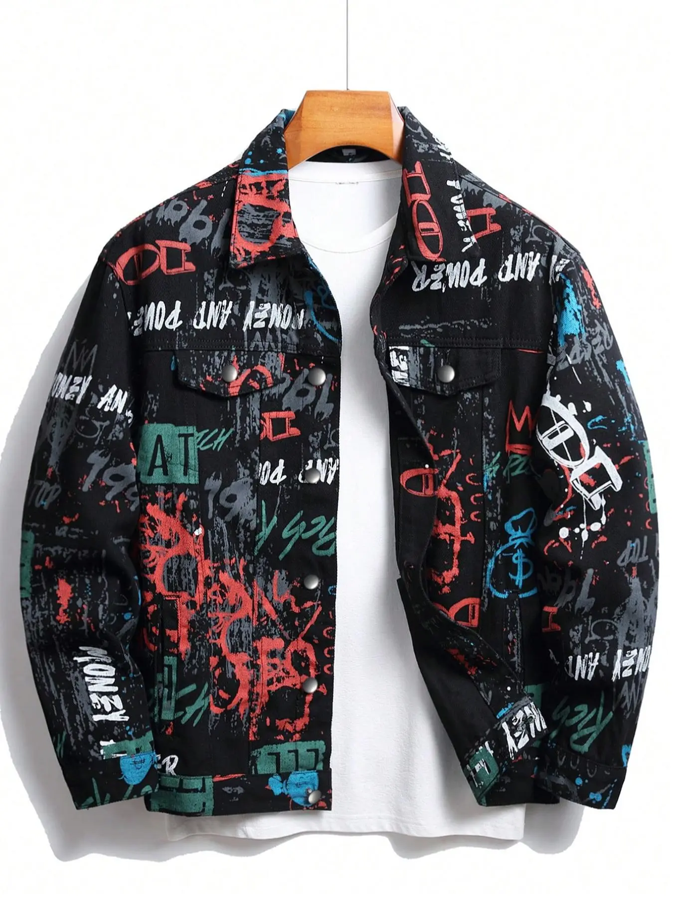 Men's Casual Graffiti Letter Print Denim Jacket, Collared Jacket, Casual Streetwear Jacket, Casual Wear Coat, Loose Comfy Street Style Long Sleeve Outerwear for Daily Wear, Menswear for All Seasons, Trendy Outerwear, Outerwear Coats