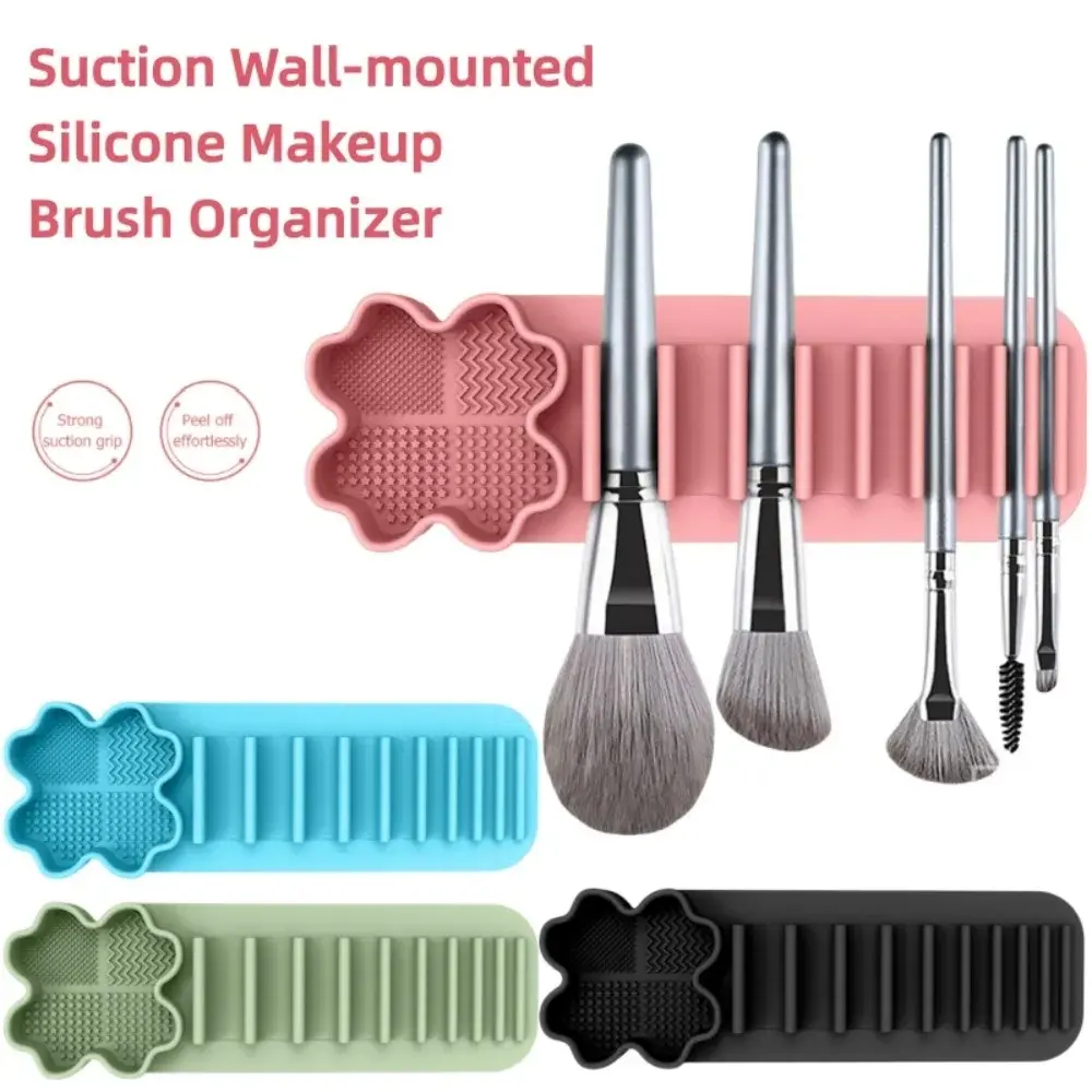 Versatile Silicone Makeup Brush Holder for Wall Mounting, Reusable Suction Cup Organizer for Brushes, 3-In-1 Rack for Washing