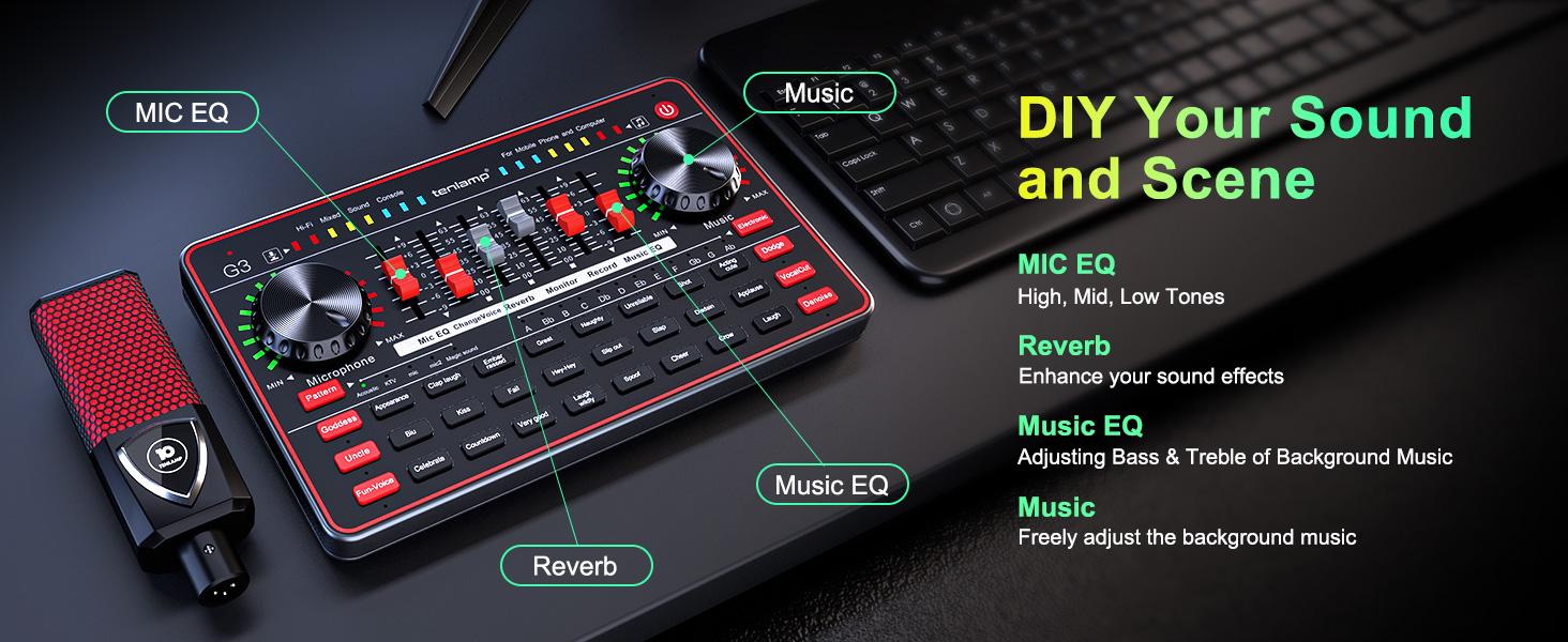 Tenlamp G3-Q8 Podcast Microphone bundle Live Sound Card Streaming Audio Mixer, Podcast Equipment with Voice Changer/Audio Interface for Live Streaming/Singing/Content Creation, with Voice Effects Soundboard