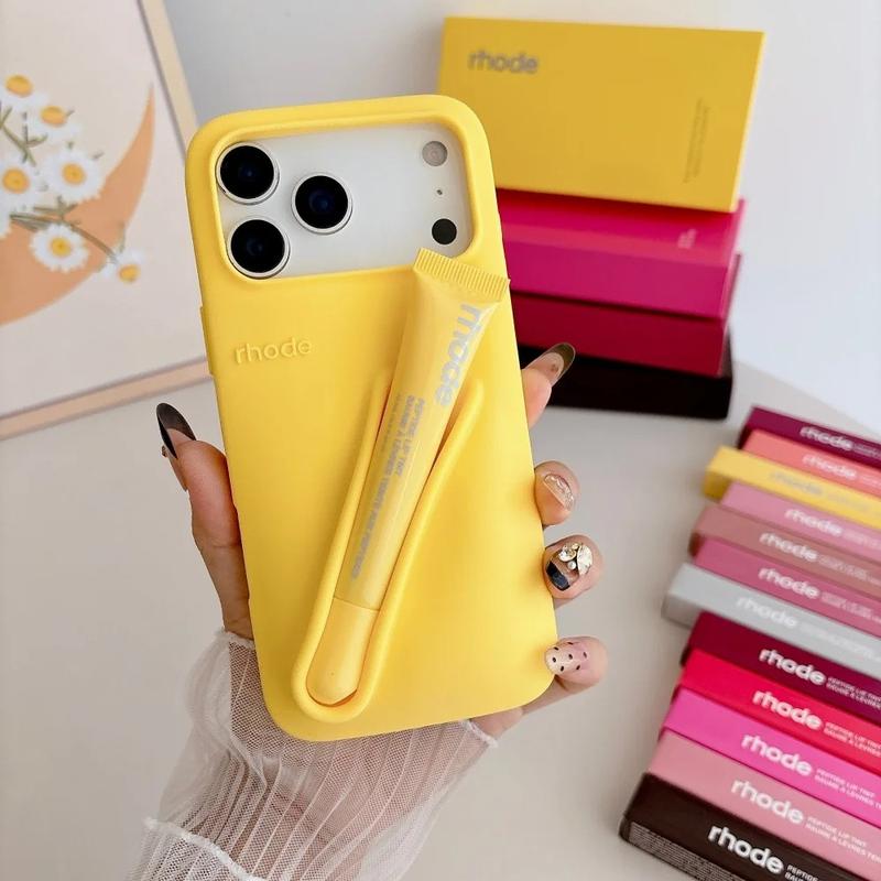 Rhode Cute Makeup Aesthetic Phone Case with Built-In Lip Balm Holder for iPhone 11 12 13 14 15 16 17, Shockproof Protective Back Cover, Stylish Beauty Phone Accessory for Women and Daily Carry
