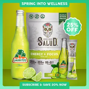 Salud x Jarritos 2-in-1 Energy Drink Powder + Focus, Lime, Organic Caffeine, B6 + B12, Theanine, Clean Energy Drink Packets, Non-GMO, Gluten Free, Vegan, 1g of Sugar, (15 Servings)