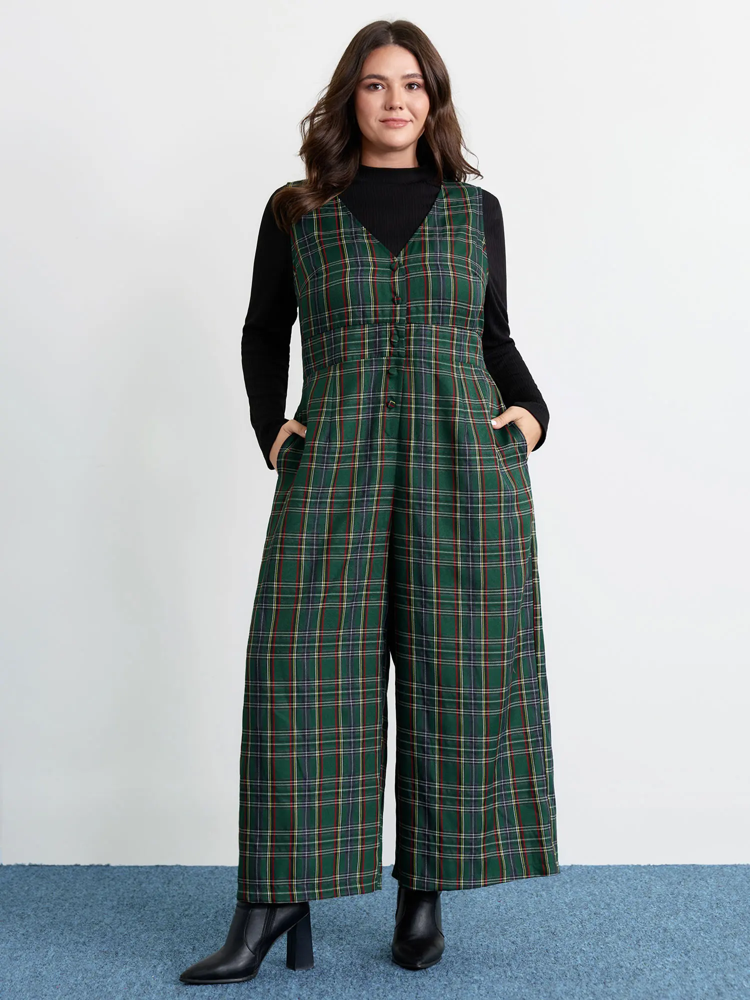 BloomChic Women's Plus Size Bold Plaid Overalls - Sleeveless V-Neck, Straight-Leg Full-Length, Beltfree Easy Fit, Buttoned Front, Medium Stretch Smooth Polyester with Pocket, Casual Fashion, Machine Washable, Low Iron, Do Not Tumble Dry, Multicolor, Plus
