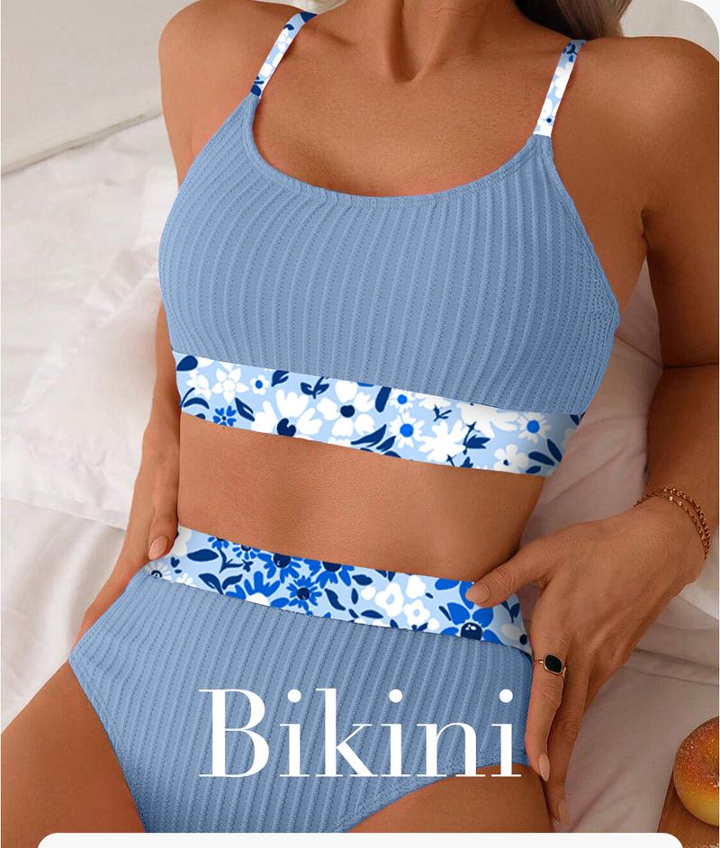 Aleumdr Women's Ribbed Textured High Waisted Bikini Set Floral Trim Two Piece Swimsuit with Adjustable Straps Stretchy Jacquard Fabric Tummy Control Swimwear for Beach Pool and Vacation