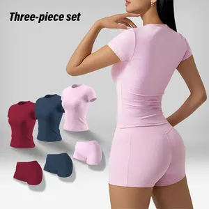 Women's Summervibes sportswear set, quick-drying fitness running yoga base layer top, women's high-waisted high-elasticity hip-lifting shorts, suitable for yoga, fitness, dance, Pilates tracksuit Stretch Fabric Activewear Summer Athletic Wear Outdoor Fun