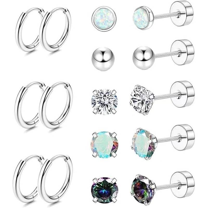 33Pcs Flat Back Earrings for Women with Piercing Ball Grabber Tool - 316L Surgical Steel Cartilage Hoop Earrings Stack, Internal Thread CZ Stud Piercing Jewelry for Tragus Helix Conch & Hypoallergenic Lip Nose Rings Hoops
