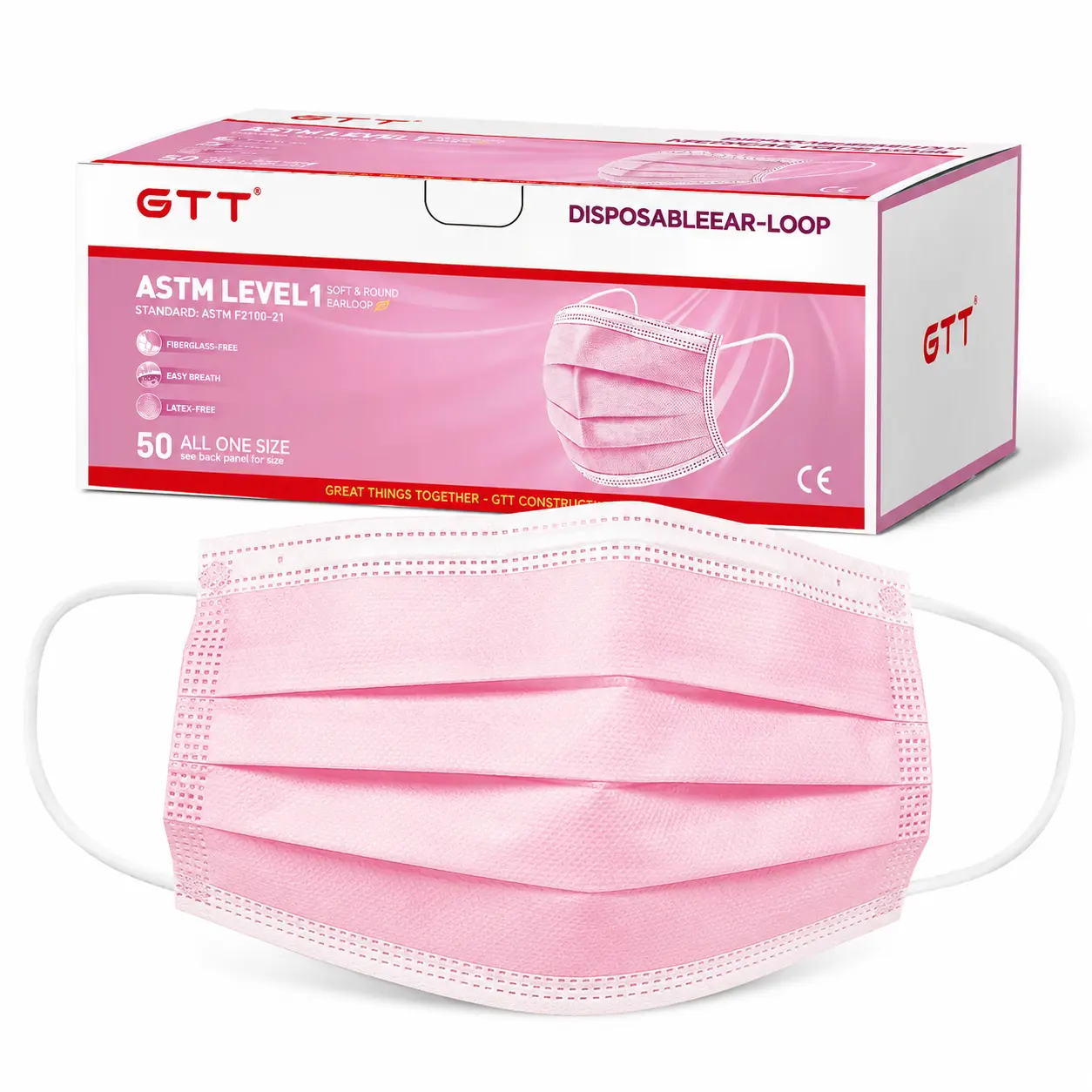 50-Pack Pink Disposable Face Masks for Adults - 3-Ply ASTM Level 1 Breathable Earloop Facecovering, Protective Face Mask for Work, School, Casual Use
