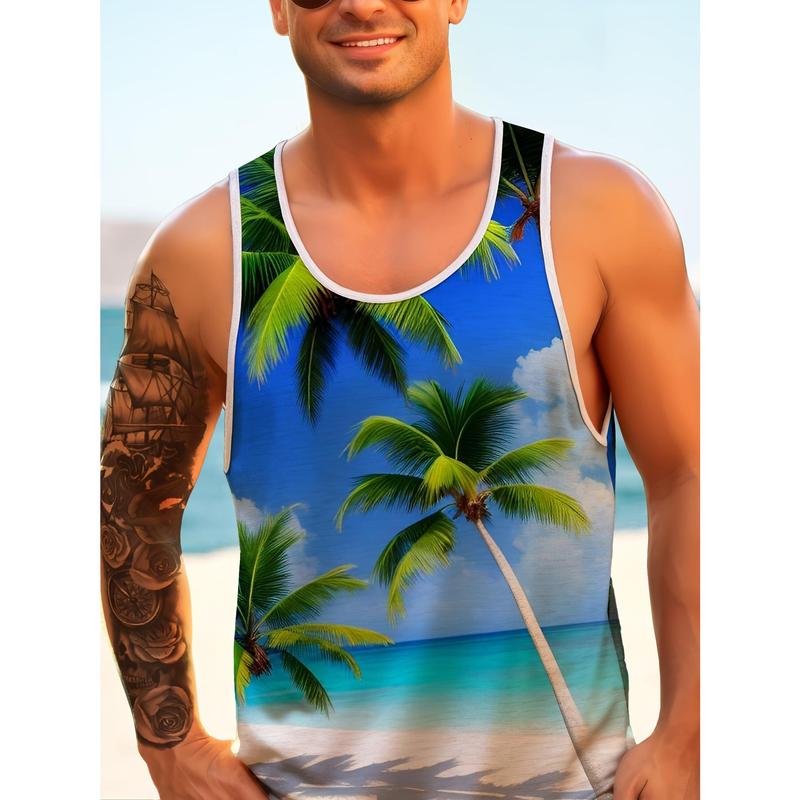 Men'S Hawaiian-Style Tropical Beach Coconut Tree 3D Print Sleeveless Tank Top - Color Block, Summer Vacation Tee, Beach Fit, Adult, Beach Vacation Apparel |   Vibrant Print Top |   Comfortable Fit Top, Beach Clothing