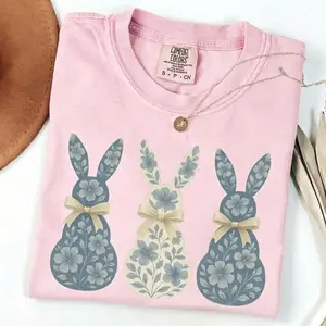 Comfort Colors Floral Bunny TShirt, Cute Bunnies T-Shirt, Coquette Bow Easter Tee for Women, Trendy Easter Crewneck, Easter Gift for Women
