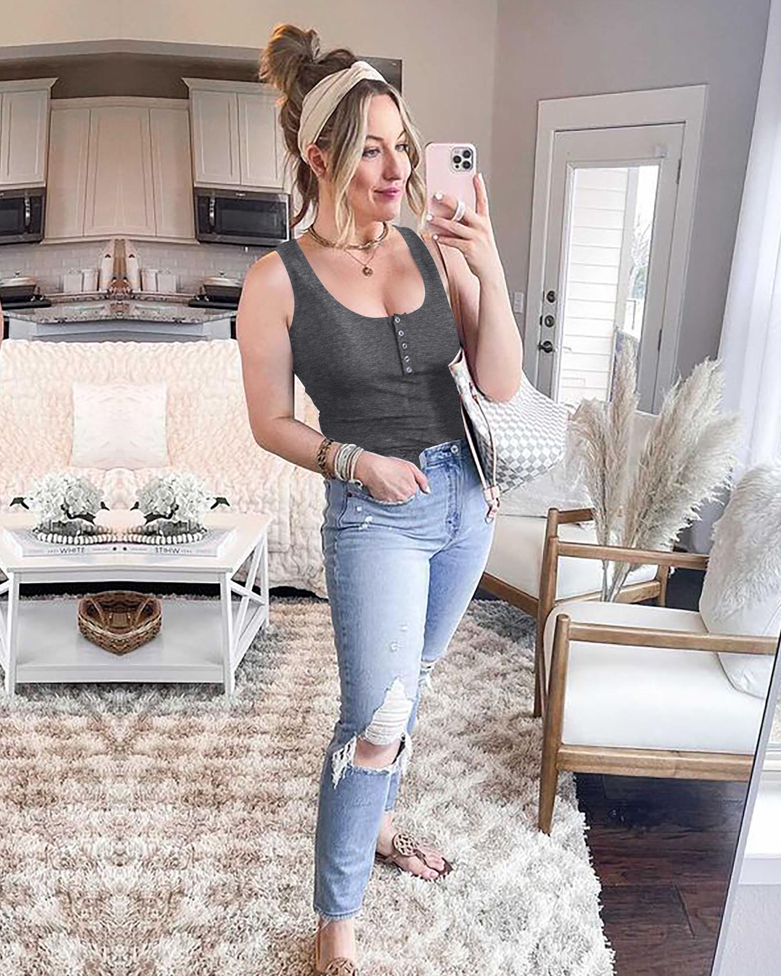 BTFBM Women's Summer Vest Ribbed Tank Tops Crew Neck Button Down Sleeveless Tunic Blouse