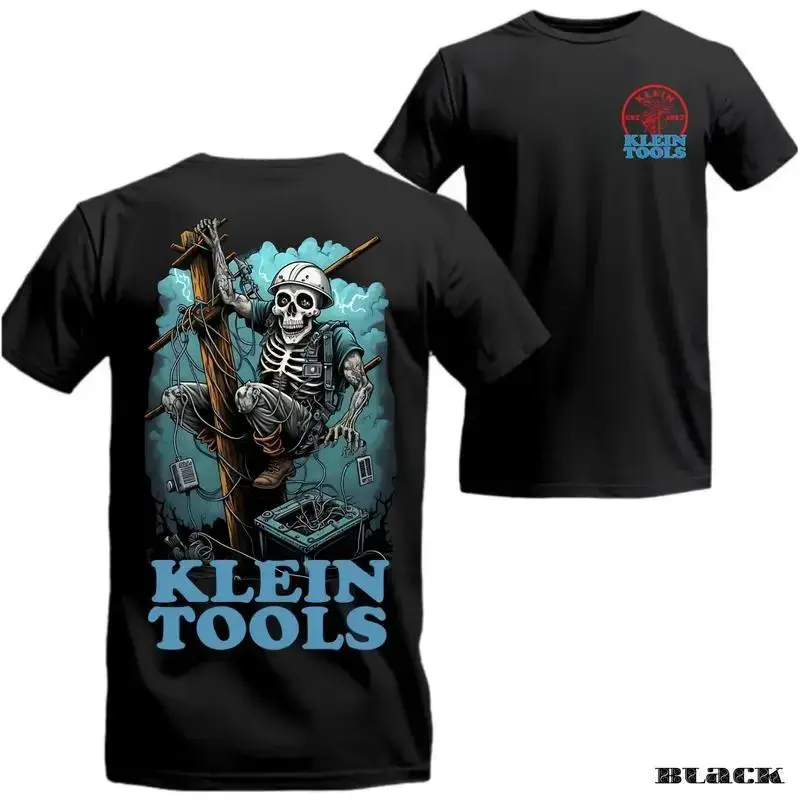 [100% Cotton] Klein Tools Men's Original Loose Short-Sleeve Menswear Garment T-Shirt - Skeleton Lineman on Utility Pole Graphic, Ideal Gift for Electricians, Shortsleeve
