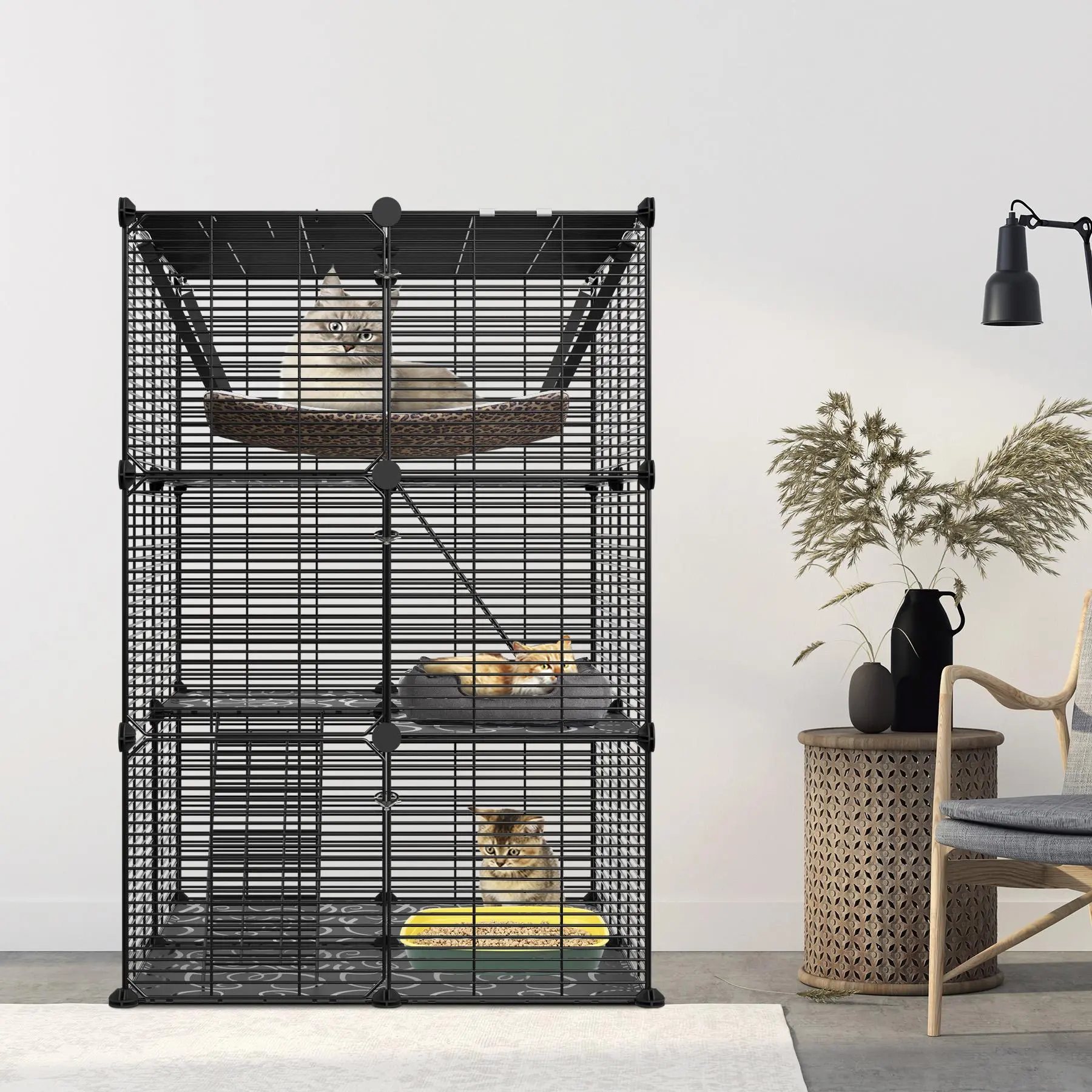 Segawe Large Enclosed 3-Tier Wire Metal Pet House - Confinement Kennel with Hammock, Stability Kit, Escape-Proof for Small Animals, Black Metal Frame, Indoor-Outdoor Use, Wire Metal Kennel