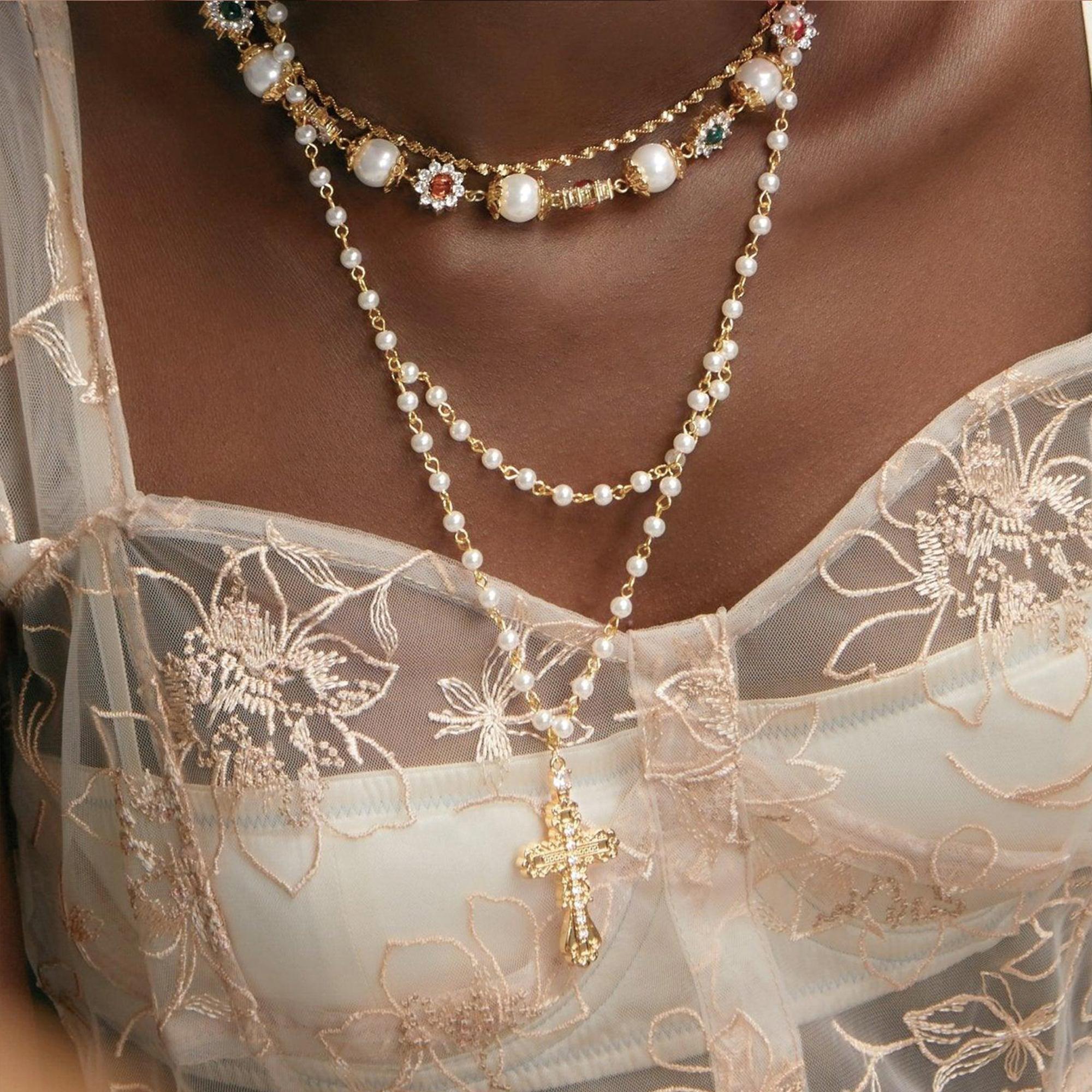 en route Everette Cross Necklace in Gold, Pearl Cross Celestial Design with Layered Style, Versatile Jewelry for Daily Wear & Modern Styling