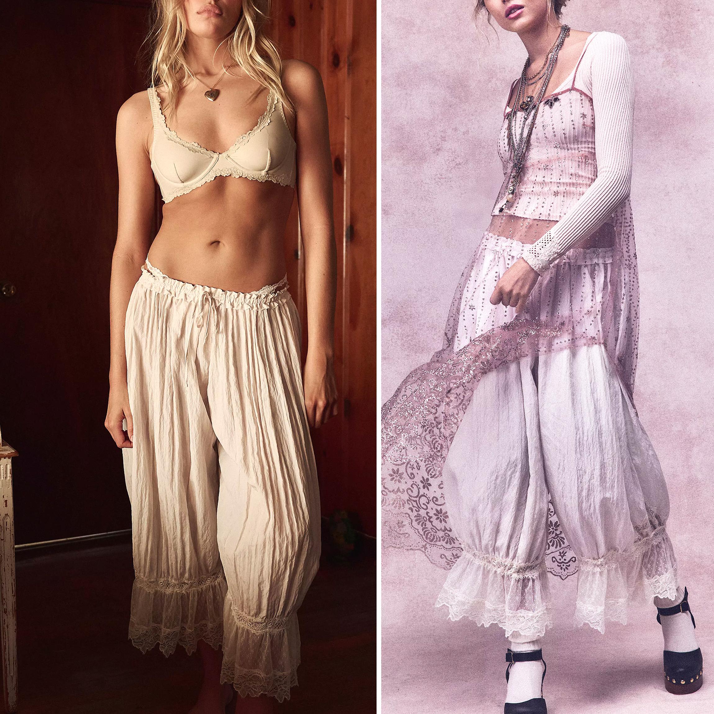 Buenoble Forever Young Lace Bloomers Pants for Women Cropped Boho Loose Fit Crinkled Fabric Fairycore Retro Style