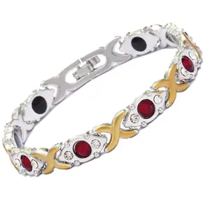 Elegant Ruby – Red Gem & Crystal – Gold-Accented Bracelet with Silver X design, perfect for parties, dinners, and special occasions
