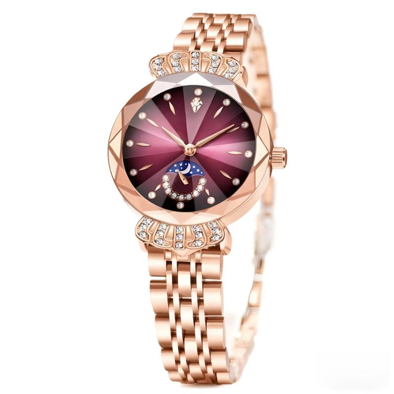[Mother's Day Gift] Elegant Women's Wristwatch with Moon Star Sun Dial, Faceted Crystal Accent, Stainless Steel Band, Anniversary Gift for Her
