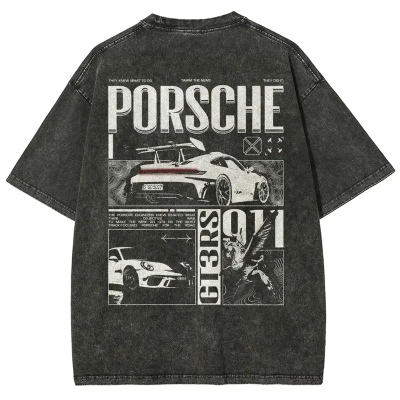 Vintage Washed 911 Graphic Tee Oversized Men's Cotton T-Shirt. Y2K Streetwear Outfits, 90s American Casual Short Sleeve, Classic Unisex Sports Car Top. Premium Acid Wash Gym Daily Wear, Auto Motorsport Drift Lifestyle Retro Racing Shirts For Him.