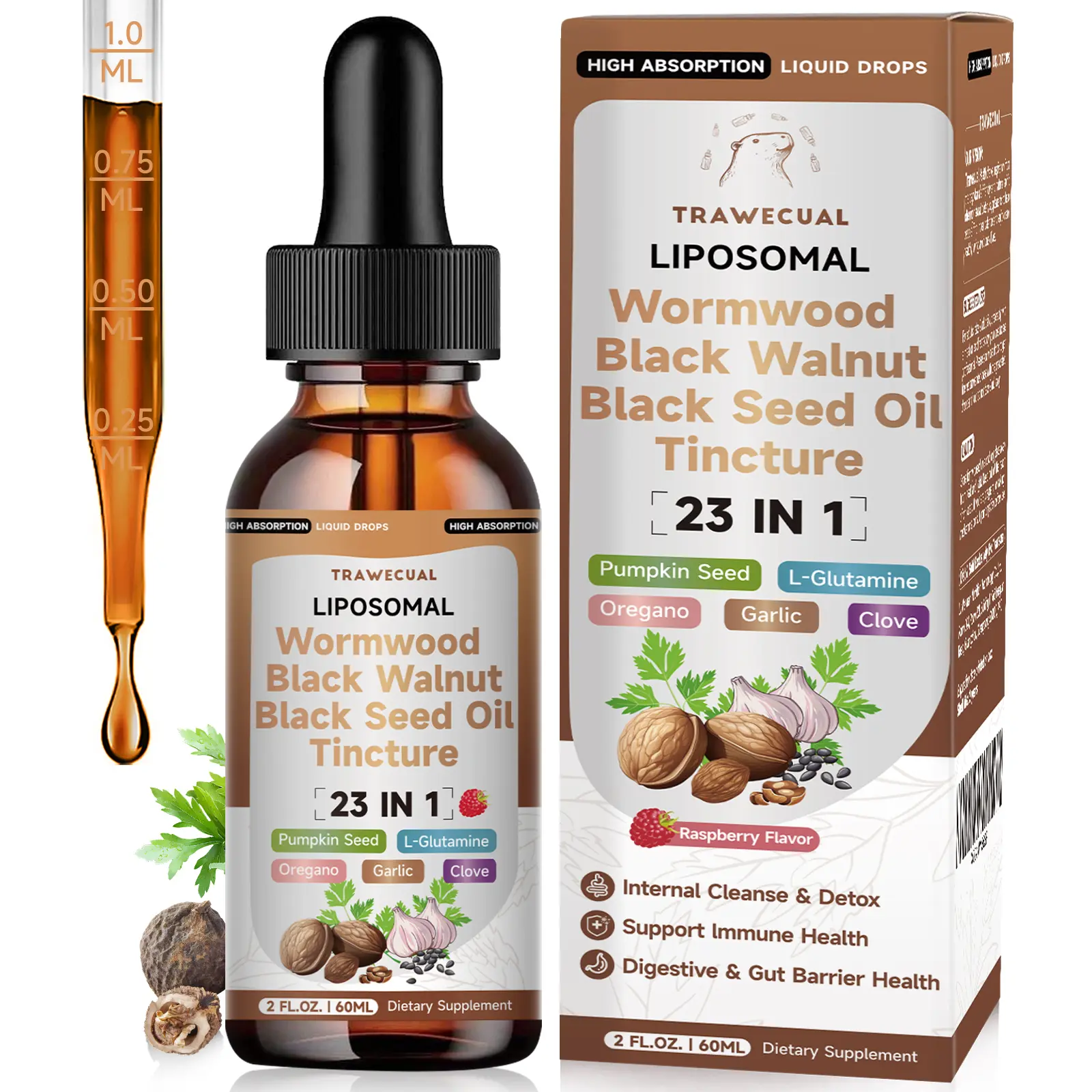 Tincture- Black Walnut 23-in-1 Liposomal , Wormwood & Oregano -  Absorption for Gut Health,Digest Bloating Relief & Immune Boost Natural Supplement 2 Drop