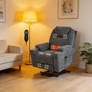 Power Lift Recliner Chair with Massage & Heat | Heavy Duty 350 LBS Electric Recliner with 8-Point Vibration, Lumbar Heating, USB/Type-C Ports & Cup Holders | Blue Chenille Comfort Chair for Living Room, Elderly, Home Theater & Back Pain Relief