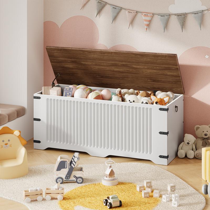HOOBRO Storage Bench, Toy Box Organizer, Toy Chest with Safety Hinge, Farmhouse Style Storage Chest, 39.3 x 15.7 x 17.7 Inches for Living Room, Bedroom, Entryway, White and Walnut