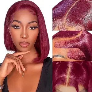 99j Burgundy Bob Wig Human Hair 13x4 Lace Front Wigs 14 Inch Short Straight Red Bob Wig Pre Plucked 180% Density Natural Hairline Wigs for Black Women