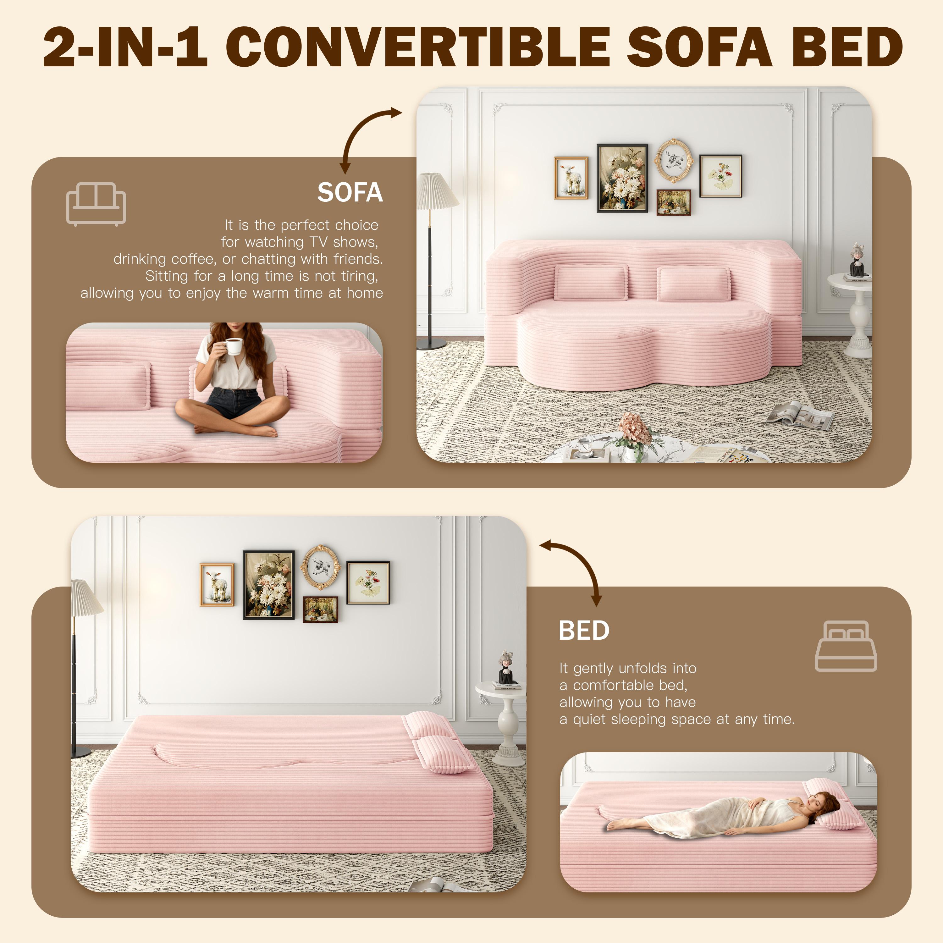 Eyisean 78in Corduroy Upholstered Padded Seat Sleeper Sofa Bed - Modern 2-in-1 Full-Size Foldable Durable Polyurethane Foam Mattress with 2 Pillows, Boneless Couch for Living Room/Dorms, 78"l x 54"w x 30"h, No Assembly Required for Everyday Relaxation