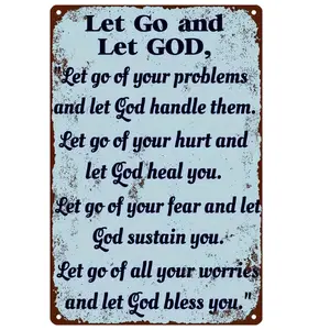 [Vintage Metal Wall Sign] Vintage Metal Wall Sign - 2D Flat "Trust and Let Go to God" Inspirational Quote | Weatherproof & Pre-Drilled for Easy Hanging | Perfect for Home, Office, Bar, Cafe Decor, Metal Wall Art