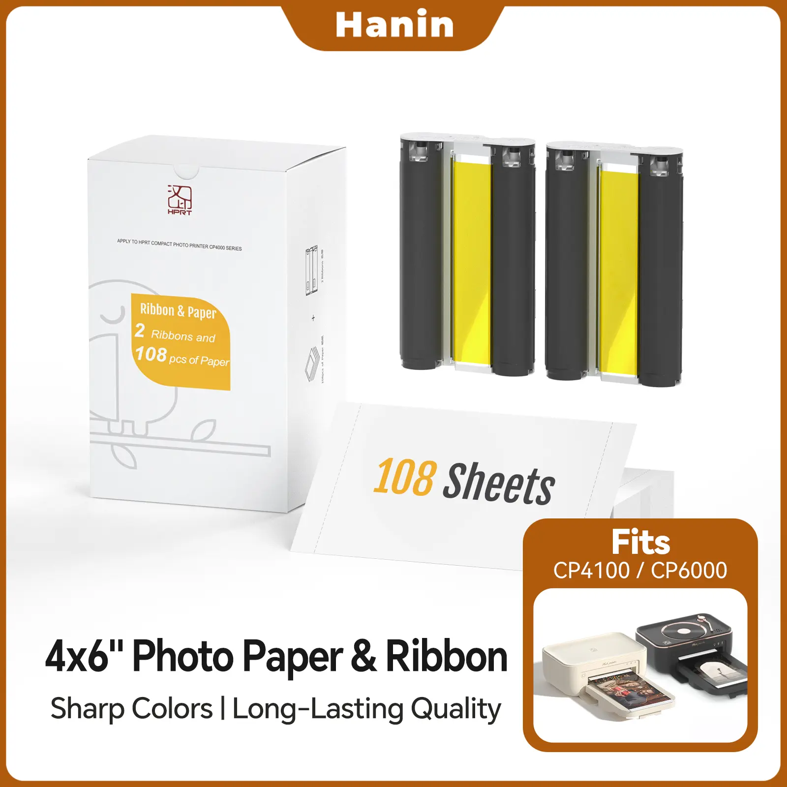 Hanin 4x6 in Glossy Thermal Transfer Photo Paper & Cartridge Refill Kit for Wi-Fi Thermal Printers - 108 Sheets, 2 Ribbons, 256 Vibrant Colors, 300 DPI, Anti-Oxidation, Cost-Effective Prints for CP4100/CP6000 Series (Computers & Office Equipment)