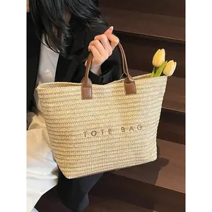 Women's Large Capacity Woven Fashionable Straw Bag, New Summer Versatile Shoulder Bag, Simple Texture Beach Sandbag, Perfect for Daily Use