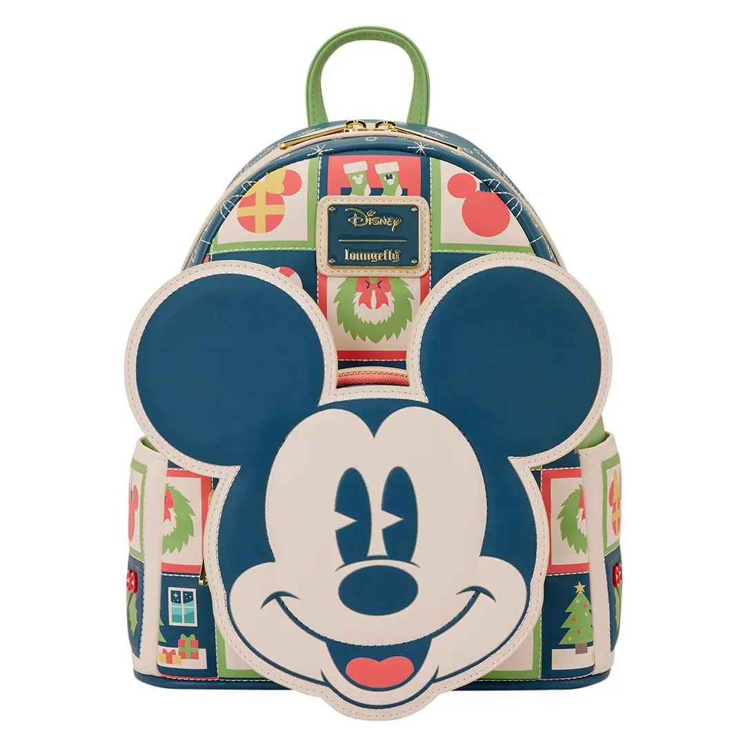 Loungefly Disney Mickey Mouse Holiday Mini Backpack, Festive Faux Leather Everyday Carry with Debossed Symbols, Applique & Buttons