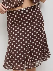 Cider Chiffon Sweetheart Polka Dot Crop Cami Top With Scarf & Mesh Low Rise Polka Dot Bowknot Mermaid Skirt